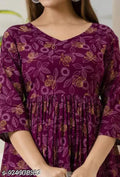 Women's printed co-ord set, purple patterned tunic top with 3/4 sleeves