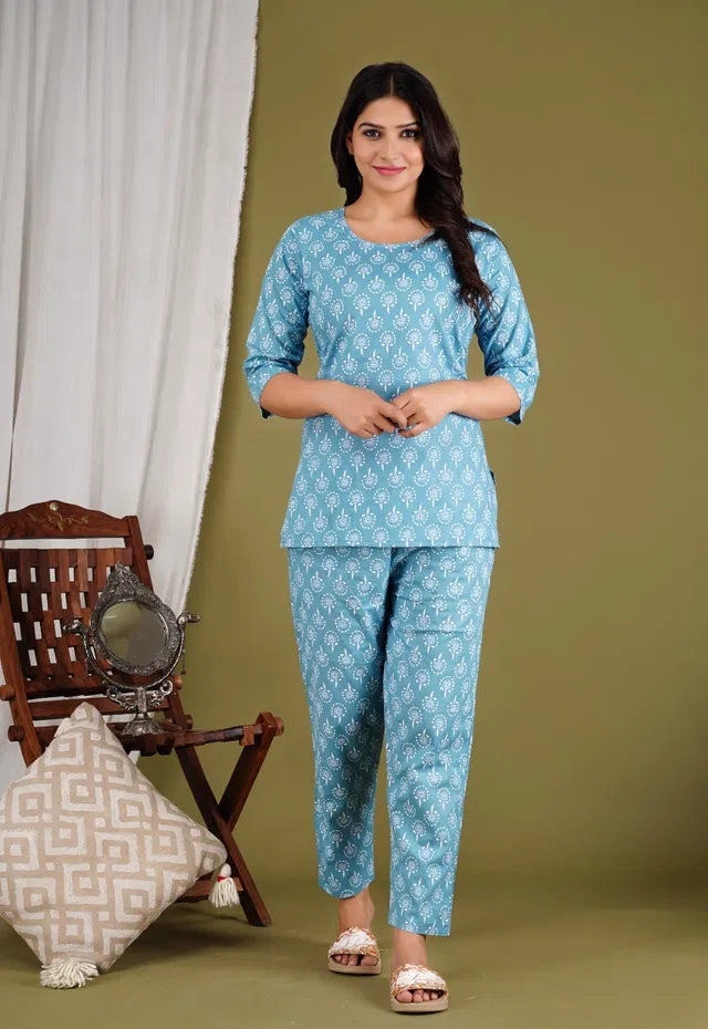 Aqua-blue floral print co-ord set, full front view: tunic-length top and matching pants