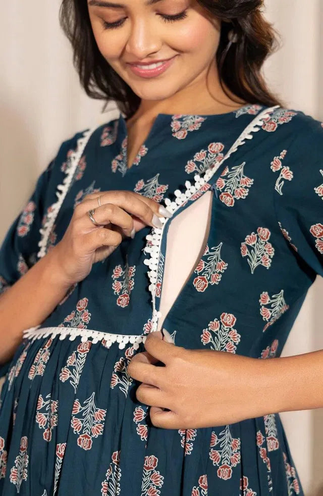 Teal floral maternity kurta close-up, notch neckline and contrast trim detail