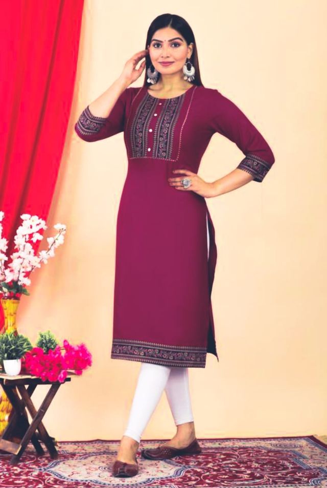 Women's maroon kurti with embroidered yoke, vertical multicolor trim, 3/4 sleeves