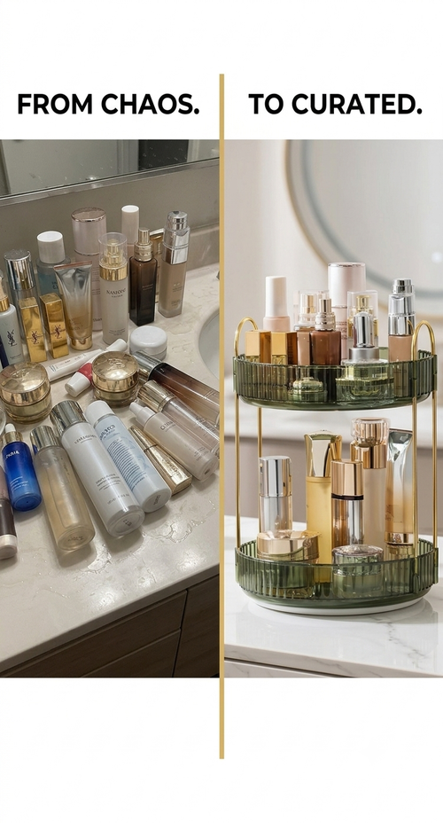 2-tier makeup storage organizer with green glass tiers and gold frame on bathroom counter