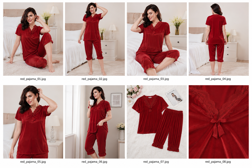 Maroon women’s night suit close-up: ruffled neckline short-sleeve top with cropped pants