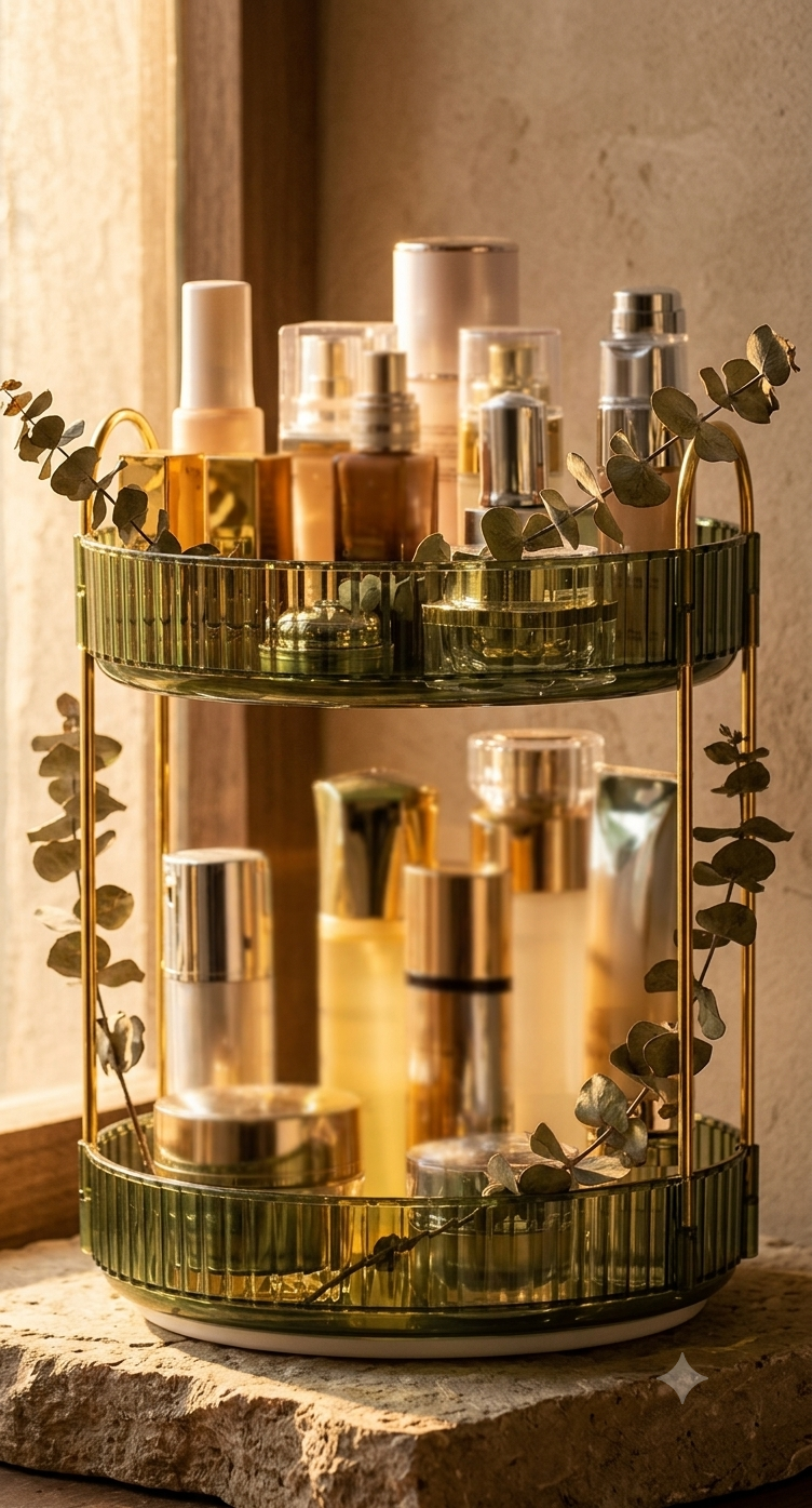 2-tier round makeup organizer with green glass tiers and gold frame for vanity storage