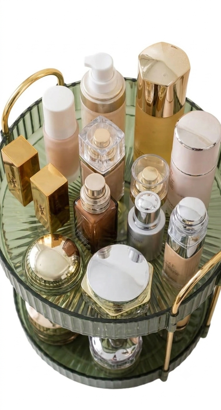 2-tier makeup and skincare organizer with green glass tray and gold frame, filled with bottles