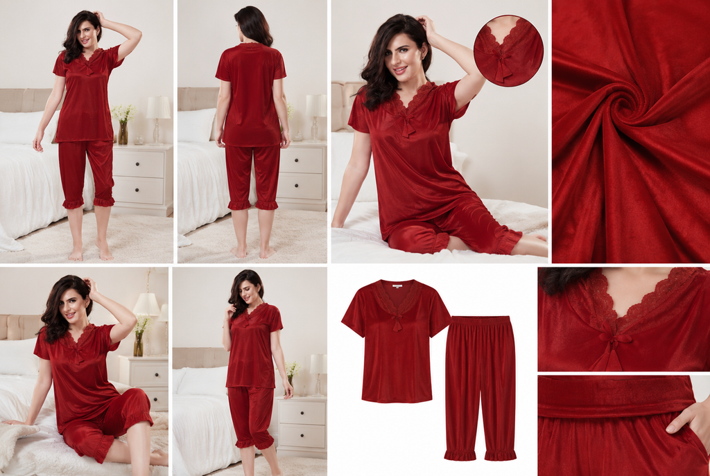 Maroon night suit set: short-sleeve button top and matching cropped pants