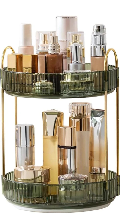 2-tier makeup and skincare organizer with green glass shelves and gold metal frame, round stand